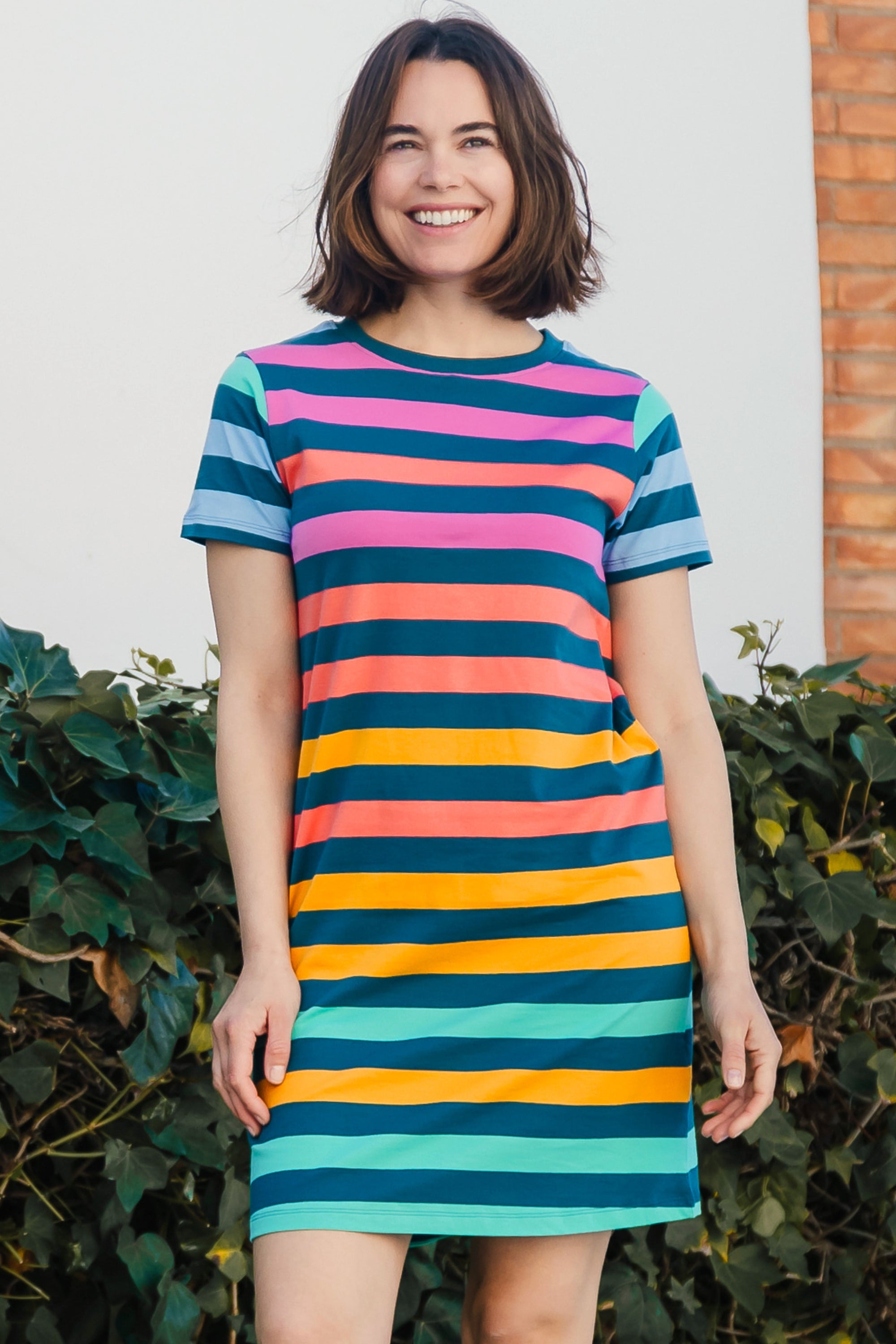 Sia T-Shirt Dress - Green/Multi, Staggered Pop Rainbow