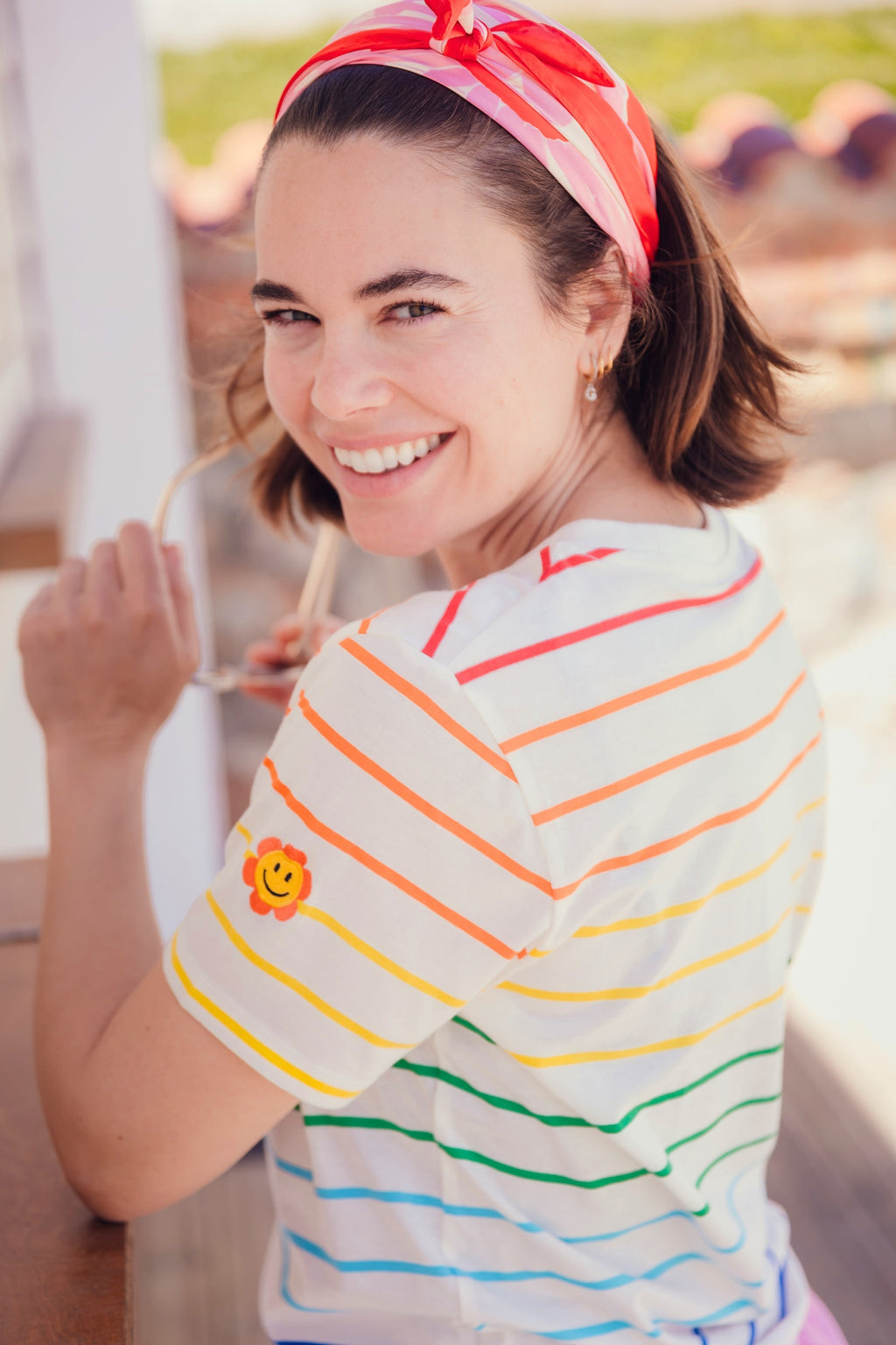 Maggie T-Shirt - Multicolour, Triple Rainbow, Flower Face