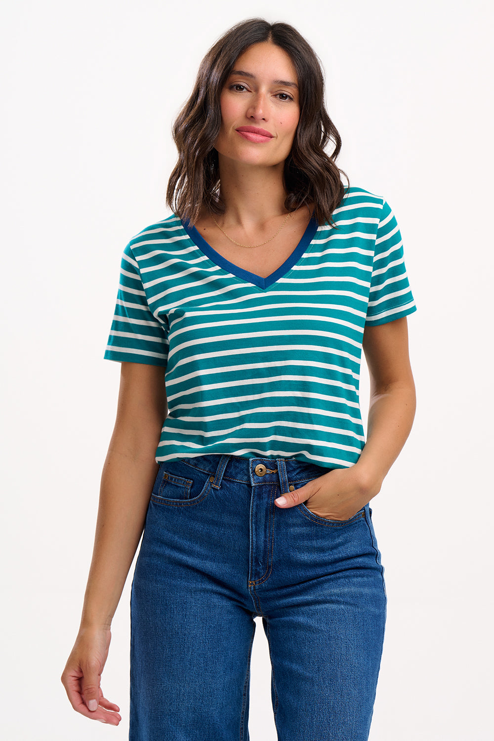 Khloe V-Neck T-Shirt - Green/Off White, SHB Flower