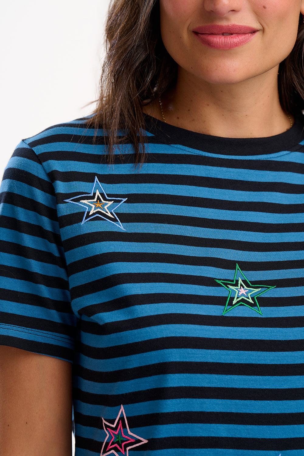 Maggie T-shirt - Black/Teal, Rainbow Explosion Stars