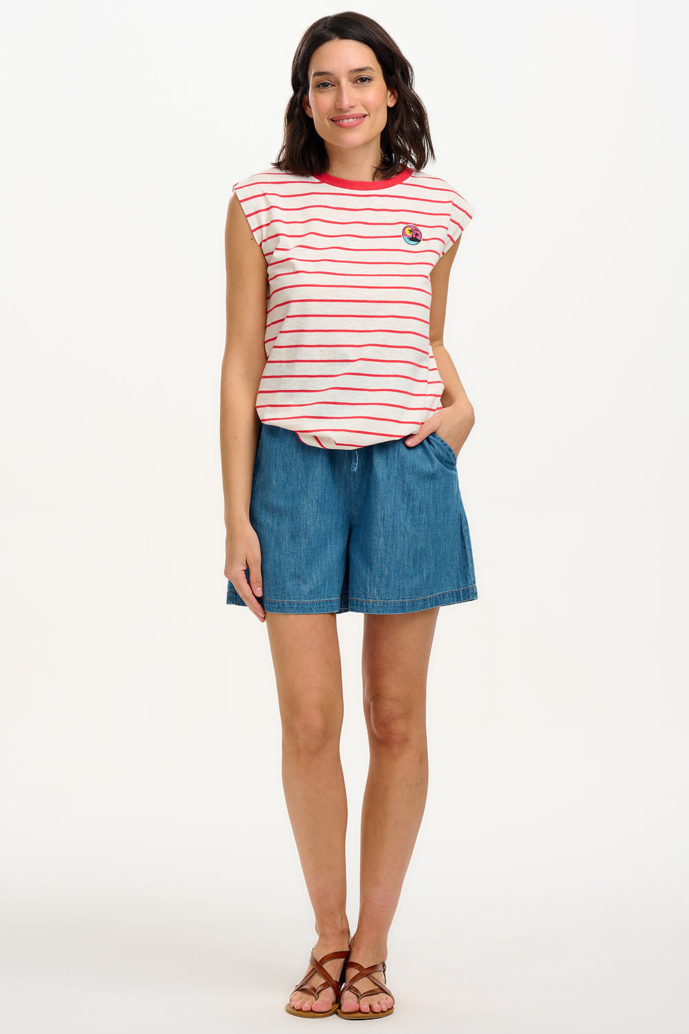 Chrissy Relaxed Tank T-Shirt - White, Red Stripe, Sunset