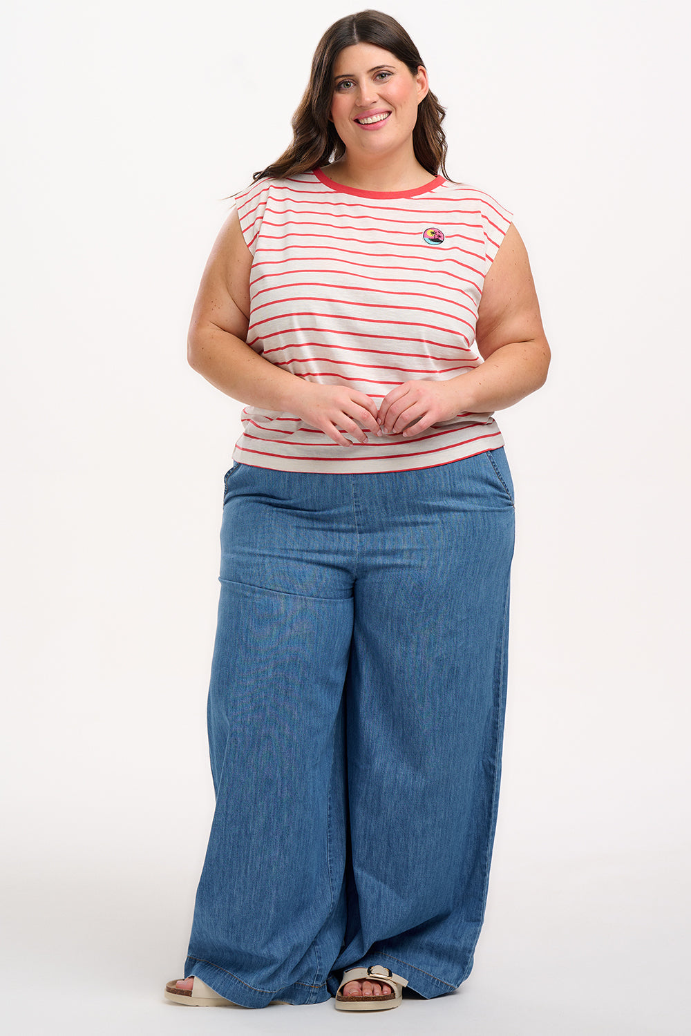 Chrissy Relaxed Tank T-Shirt - White, Red Stripe, Sunset