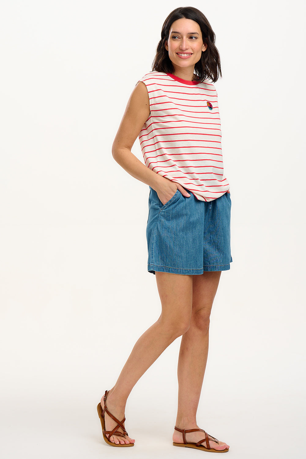 Chrissy Relaxed Tank T-Shirt - White, Red Stripe, Sunset