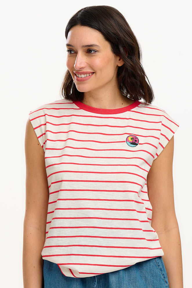 Chrissy Relaxed Tank T-Shirt - White, Red Stripe, Sunset