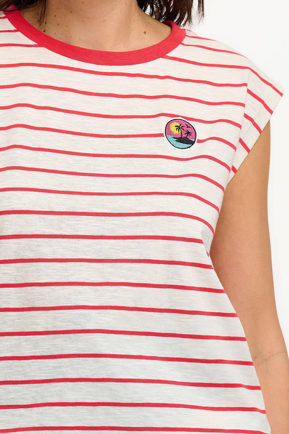 Chrissy Relaxed Tank T-Shirt - White, Red Stripe, Sunset