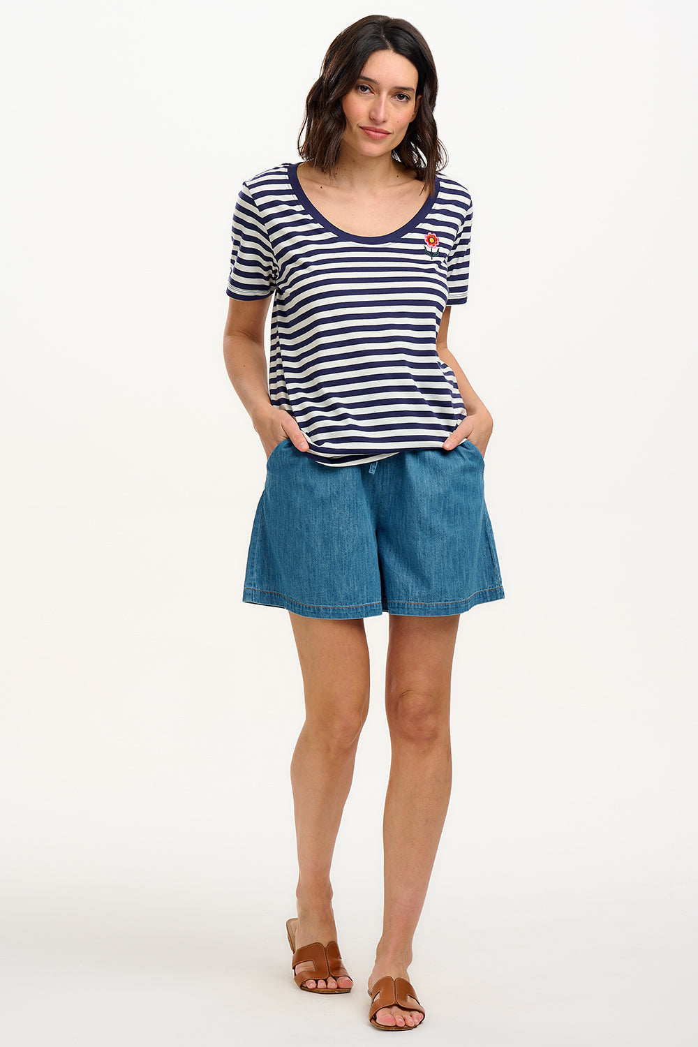 Sylvie Scoop Neck T-Shirt - White/Navy, Stripe & Folk Flower