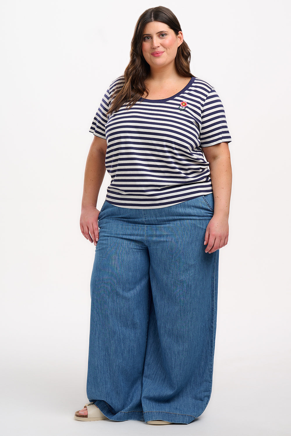 Sylvie Scoop Neck T-Shirt - White/Navy, Stripe & Folk Flower