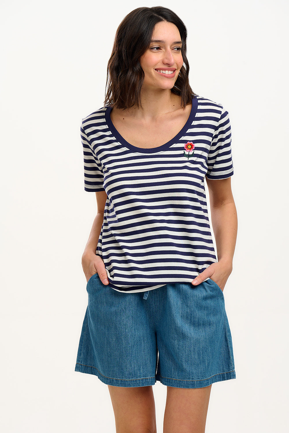 Sylvie Scoop Neck T-Shirt - White/Navy, Stripe & Folk Flower