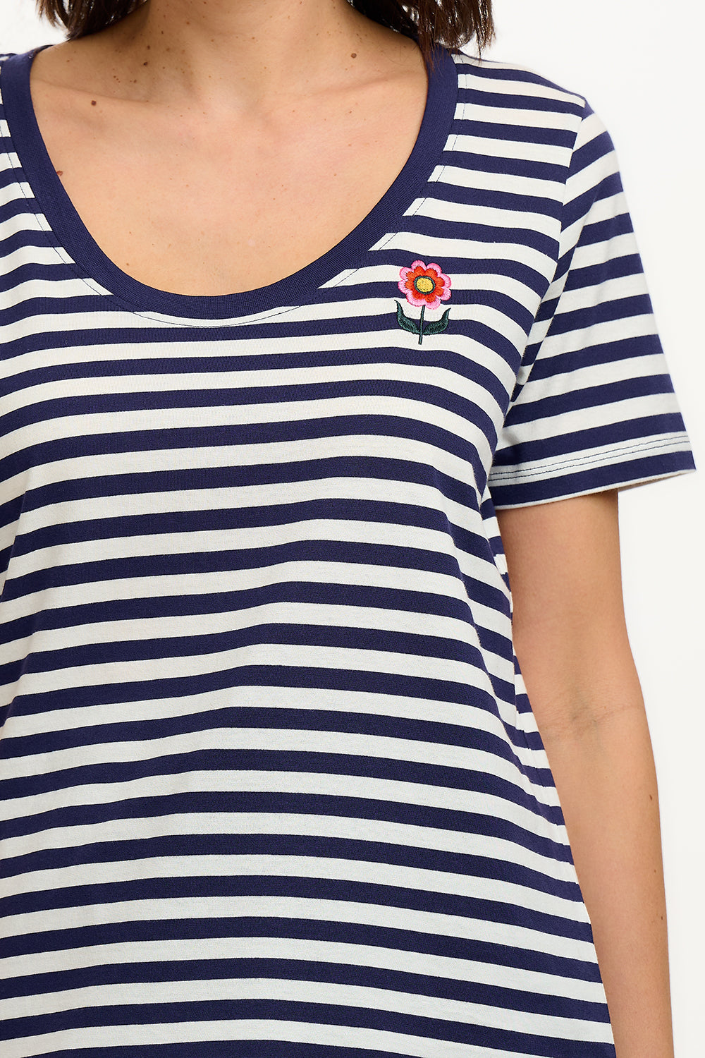 Sylvie Scoop Neck T-Shirt - White/Navy, Stripe & Folk Flower
